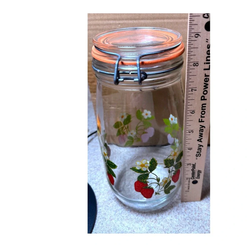 Arc France Strawberry Glass Canister 1.5L Clear Good Vintage Swing Top Jar